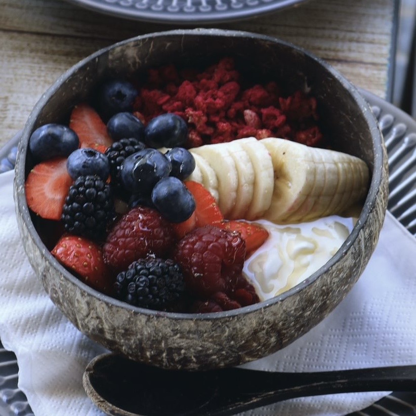 Greek yogurt, banana, strawberry, homemade granola, honey